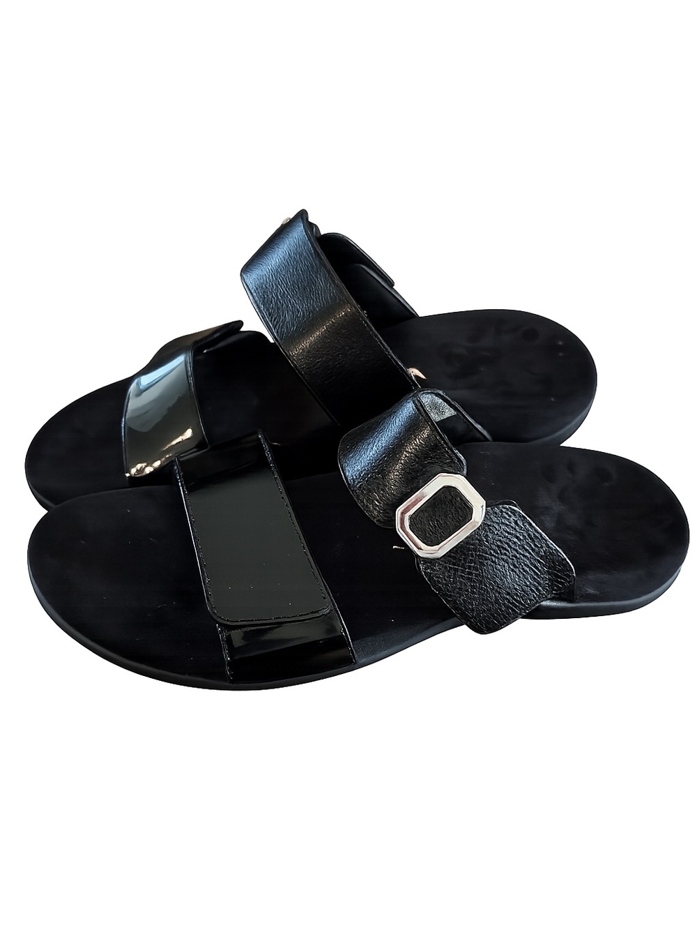 Vionic Black Two-Strap Slide Sandals with Silver Buckle